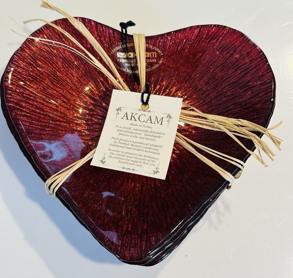 4 Akcam Red Glitter Glass Heart Appetizer Dessert Plate Dish Set Love Turkish
